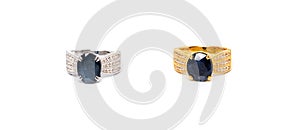 Two exquisite rings, each featuring a resplendent blue sapphire encircled by dazzling diamonds. An epitome of elegance and luxury