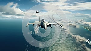 Two F-16 air force fighters flying over the ocean, beautiful cloudy blue sky over horizon. Jet military aircraft patrols