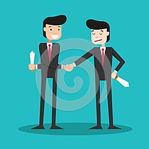 Two-faced guys shaking hands in the business world