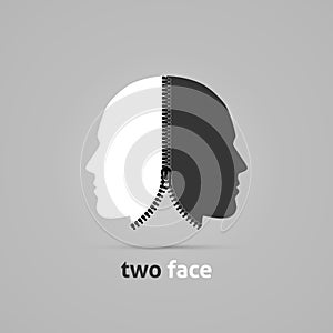 Two faced head. Creative concept with zipper. Vector photo