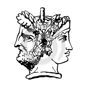 Two-faced Janus. Woman and man heads in profile, connected by the nape. Stylization of the ancient Roman style. Graphical design. photo