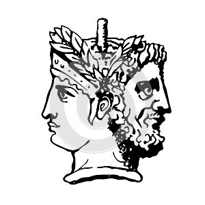 Two-faced Janus. Woman and man heads in profile, connected by the nape. Stylization of the ancient Roman style. Graphical design.