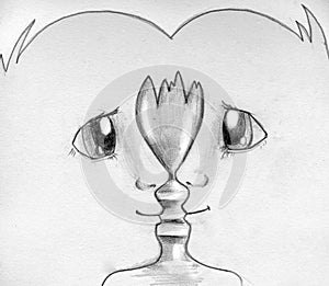 Two faces and broken vase