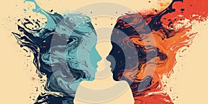 Two faces with different colors and swirls on them, AI