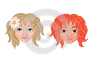 Two faces, good and bad. Opposites, children with different characters, bullets. Girl smile, girl with a grin. Vector