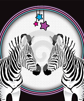 Two facing zebras against spotted neon film background