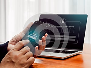 Two factor authentication or 2FA, cyber security concept. Password numbers with key icon for verification code on mobile