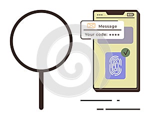 Two-factor authentication process with smartphone featuring code message and fingerprint verification