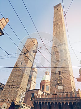 Two falling leaning towers Asinelli and Garisenda in Bologna, Italy. Symbols of medieval Bologna