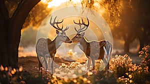 Two fallow deer with antlers in the morning light Wildlife scene from nature AI Generative