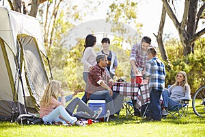 Two Families Enjoying Camping Holiday In Countryside