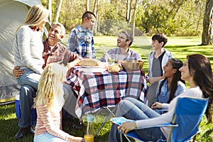 Two Families Enjoying Camping Holiday In Countryside