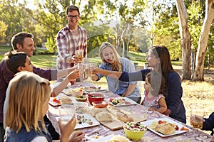 Two families making a toast at picnic at a table in a park