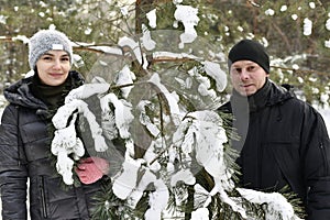 Two families walk in a winter snowy forest.