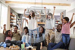 Two Families Watching Sports On Television And Cheering