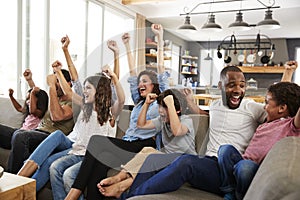 Two Families Watching Sports On Television And Cheering