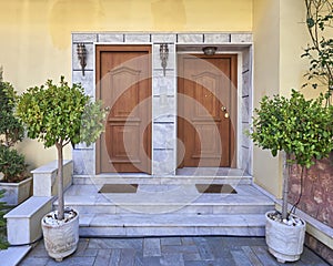 Two family house entrance solid wood doors and potted plants