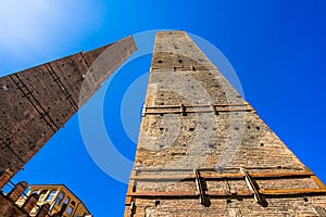 Two famous falling Bologna towers Asinelli and Garisenda, Bologna, Emilia-Romagna, Italy