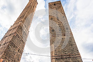 Two famous falling Bologna towers Asinelli and Garisenda, Bologna, Emilia-Romagna, Italy