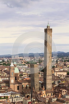 Two famous falling Bologna towers Asinelli and Garisenda. Evening view, Bologna, Emilia-Romagna, Italy