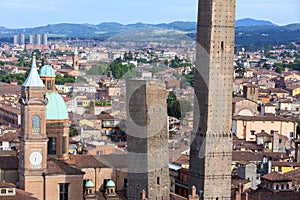 Two famous falling Bologna towers Asinelli and Garisenda. Evening view, Bologna, Emilia-Romagna, Italy