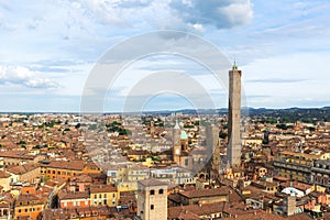 Two famous falling Bologna towers Asinelli and Garisenda. Evening view, Bologna, Emilia-Romagna, Italy