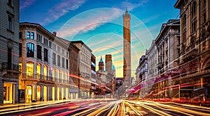 Two famous falling Bologna towers Asinelli and Garisenda. Evening view. Bologna, Emilia-Romagna, Italy. Long exposure, time lapse photo