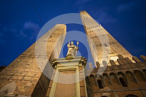 Two famous falling towers Asinelli and Garisenda in Bologna