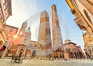 Two famous falling towers of Bologna