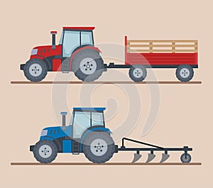 Two farm tractors isolated on beige background.