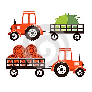 Two farm tractors isolated on white background. Heavy agricultural machinery for field work.