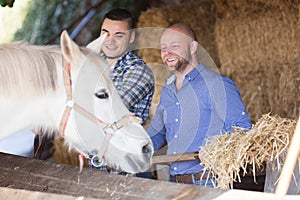 Two farm workers feeding horses