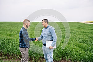 Two farmer standing in a green wheat field and shake hands.