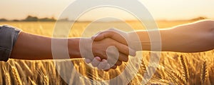 Two Farmers Share Symbolic Handshake In Wheat Field