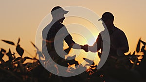 Two farmers talk on the field, then shake hands. Use a tablet