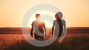 Two farmers in a team work in a field with wheat at sunset. Agriculture business concept. Two farmers team silhouette