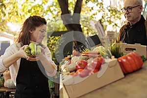 Two farmers vendors putting fruits and veggies on market stand