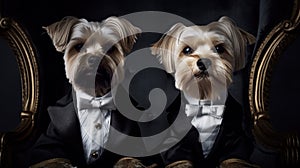 Two fashionable dogs dressed in tuxedos sitting in a chair. AI generative image.