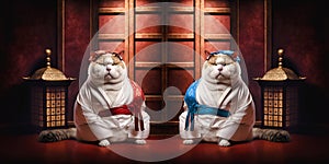 Two fattened British cats dressed in kimono
