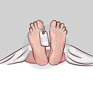 Two feet of a dead body, with an identification tag. vector drawing. autopsy crime.