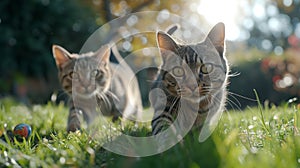 Two Felidae playing in grass, carnivores with whiskers and fur