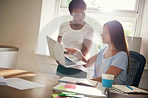 Two female business partners working on a laptop