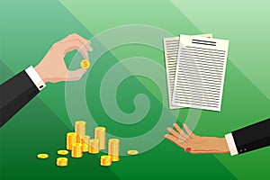 Two female, businesswoman hands in business suits with a gold coins, money, dollars. Vector horizontal