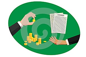 Two female, businesswoman hands in business suits with a gold coins, money, dollars. Vector horizontal