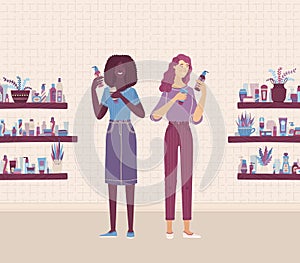 Two female consultants characters comparing skincare beauty products in shop