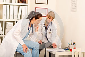 Two female doctor discussing document