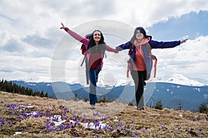 Two female friends have fun and enjoy the trip