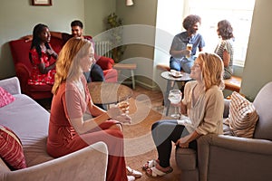 Two female friends talking and having a drink in a pub