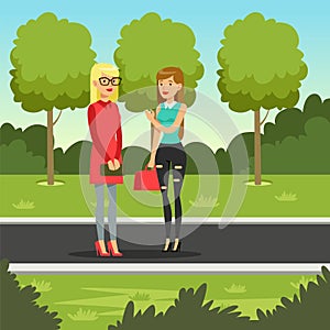 Two female friends talking while walking in the park, friendship concept vector Illustration