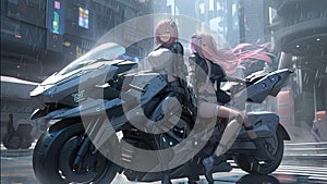 Two female friends with their high tech superbike outdoor in a big futuristic dystopian city - Generative AI